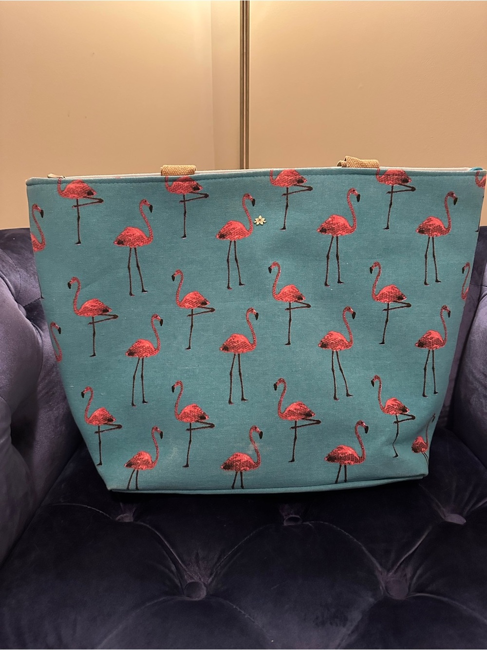 Canvas Flamingo Tote Bag - Teal and Pink